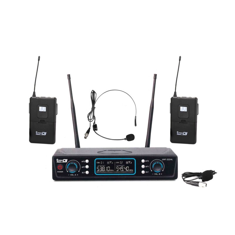 Hipercentro Electrónico kit sistema micrófono inalámbrico doble transmisor bodypack diadema solapa lavalier vocal UHF-322HL Pro Dj