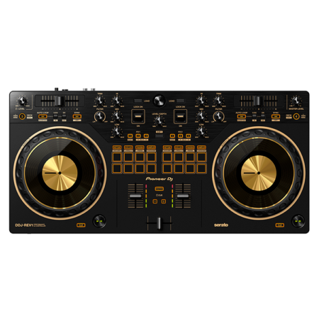Hipercentro Electrónico controlador DJ de 2 canales estilo scratch para Serato DJ Lite color negro y dorado DDJ-REV1 Pioneer-front