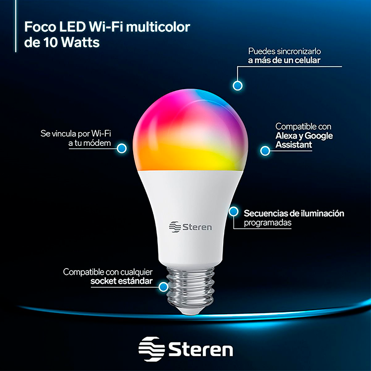Hipercentro Electrónico foco bombillo luz RGB LED multicolor wifi controlado celular dispositivo Shome-120 Steren-Function